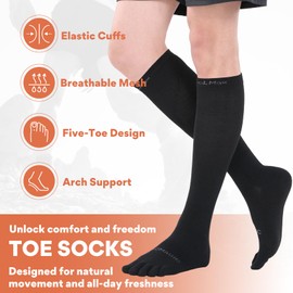 aomagic Knee-High Toe Socks - Coolmax 5-Finger Athletic Hiking Socks, Anti-Blister & Moisture-Wicking, 3 Pairs/Grey - Large