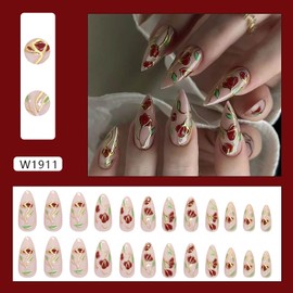 24Pcs Medium Almond Press on Nails Spring Fake Nails with Designs Full Cover Glue on Nails Flower False Nails Glossy Pink Summer Stick on Nails for Women