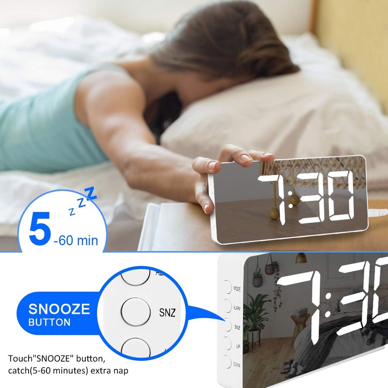 Digital Alarm Clock Large Mirrored LED Clock Snooze Function Dimming