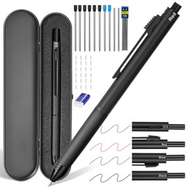 AUAUY 4 in 1 Multicolor Pen, Metal Cased Multifunction Pen, Gravity Sensor Multifunction Pen, 0.5mm 3 Color Ballpoint & 0.5mm Mechanical Pencil, 38 PCS Comes with Refill, Eraser, Metal Pen Case