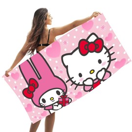 Hellokiitty Beach Towels, Meloddy Microfibre Beach Towel Velour Towel Swimming Shower Towel Lightweight and Thin Portable Sauna Towel Beach Swimming Soft Absorbent Beach Blanket for Kids,75 x 150cm