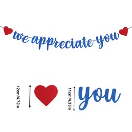 We Appreciate You Banner, 9.8ft Glitter Appreciation CNA Week Backdrop with Red Heart Thank You Bunting Paper Hanging Appreciation Decorations for Doctor Nurse Teacher Pastor Staff (Blue)