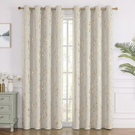 BUHUA Blackout Curtains Gold Foil Print Flower Vine Grommet Drapes, Room Darkening Thermal Insulated Curtains, Noise Reducing Curtain for Bedroom, Natural, 52Wx96L, 2 Panels