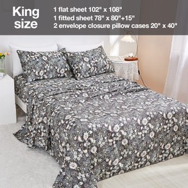 JSD Black Paisley Floral Printed Sheet Set King Size, 4 Piece Soft Pattern Microfiber Sheets Extra Deep Pocket