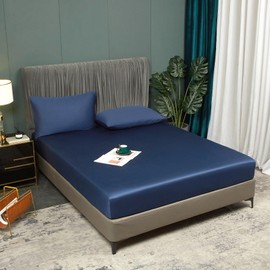 Luofanfei Fitted Sheet 180 x 200 cm, Blue Marine Box Spring Bed Terry Cloth Shiny Summer Cooling Bamboo Microfibre Bed Sheet, Plain Fitted Sheets for High Mattress up to 25-30 cm