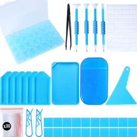 QYING 68PCS 5D Diamond Art Painting Tools and Accessories Kits,with Diamond Art Painting Trays and 28 Girds Storage Box,Diamond Art Pens and Tweezers Glue (Blue)