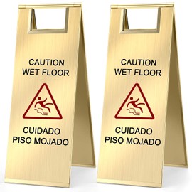 Kigley 2 Pcs Wet Floor Sign, 24 Inch Stainless Steel Caution Wet Floor Sign Double Sided Portable Foldable Bilingual Safety Warning for Hotel Market Restroom Restaurant Office (Gold)
