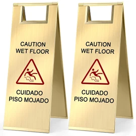 Kigley 2 Pcs Wet Floor Sign, 24 Inch Stainless Steel Caution Wet Floor Sign Double Sided Portable Foldable Bilingual Safety Warning for Hotel Market Restroom Restaurant Office (Gold)