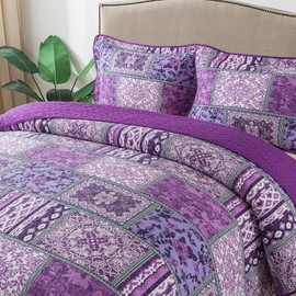 NEWLAKE Cotton Bedspread Quilt Sets-Reversible Patchwork Coverlet Set, Purple Classic Bohemian Pattern,King Size