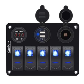 Garfour 5 Gang Marine Switch Panel - Waterproof Boat Switch Panel with 3.1A Dual USB, LED Voltmeter & Cigarette Lighter Socket for Boats, Trucks, RVs, SUVs