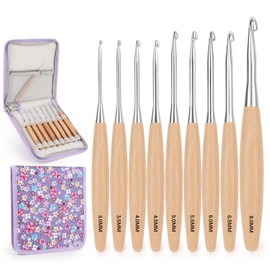 Coopay Crochet Hooks Set, 9pcs Ergonomic Crochet Hooks with Beech Wood Grips, 3.0-8.0mm Lightweight Crochet Hook for Arthritic Hands, Metal Crochet Hook Set with Floral Storage Bag
