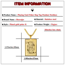 Heavstjer Punk Rock Stainless Steel Playing Card Poker Dog Tag Pendant Necklace(Gold Poker K)