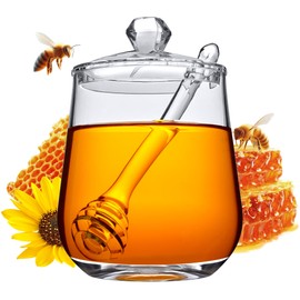Amazing Abby - Debra - Plastic Honey Jar with Lid and Honey Dipper, Acrylic Syrup Jar with Lid, 14-Ounce Honey Dispenser, BPA-Free and Shatter-Proof, Honey Pot Container for Home and Commercial Use