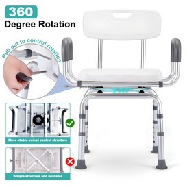 PETKABOO 360 Degree Shower Chair Swivel,Portable Seat with Armrests and Back, Adjustable Height Seat for Bathtub (White1)