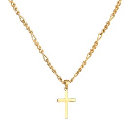 Kuzzoi Men's Necklace Polished with Cross Pendant (21 mm) in Fashionable Design, Figaro Chain for Man and Friend with Religious Cross Made of Gold-Plated 925 Sterling Silver, Length 60 cm (Gold), Gold