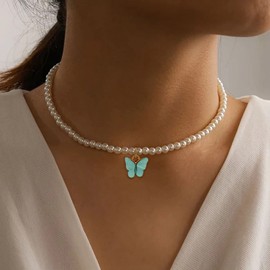 4MM Pearl Necklace for Women Cute Butterfly Pendant Necklace Cream White Round Pearl Choker Necklace Dainty Blue Butterfly Necklace Gift for Teen Girls