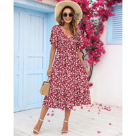 AUSELILY Women's Summer Empire Waist Dress Smocked Flutter Short Sleeve V Neck Midi Dresses 2025 New Little Red Flower S