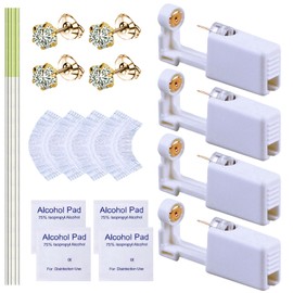 4 Pcs Ear Piercing Kit, Safety Piercing Gun Tool, Disposable Self Ear Piercer Kit with 4 Pcs Earrings Stud 4 Pcs Ear Hole Cleaning Thread 4 Pcs Cleaning Sheet (523 Gold-plated Crown White Zircon 5mm)