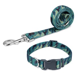 Pawhuggies Transfer Printing Dog Collar and Leash Set, 4 FT/5 FT Polyester Adjustable Dog Collar with Quick Release Buckle Heavy-Duty D-Ring, Strong Zinc Alloy 360° Clasp Dog Leash, Green Camo,M