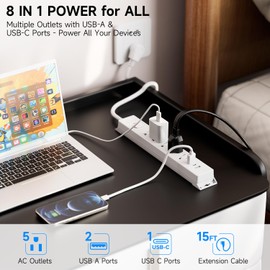 15 Ft Power Strip Surge Protector - Extension Cord with 5 AC Outlets and 3 USB Ports for Home, Office, Dorm Essentials, Wall Mountable, ETL Listed, White