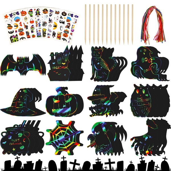 RISF Halloween Scratch Pictures for Children, 48 Pieces Halloween Scratch