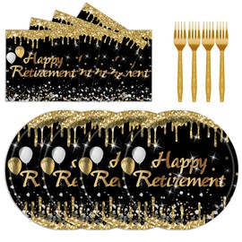 72PCS Happy Retirement Plates Set, Retirement Party Plates with Napkins Forks Black Gold Dessert Plate Tableware Disposable Party Supplies