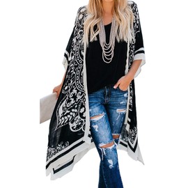 Summer Tops for Women Kimono Cardigans Plus Size Boho Bathing Suit Coverups(08-Black Boho,M)