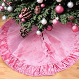 Motionchic Ruffled Velvet Christmas Tree Skirt Fit, Plush Christmas Tree Skirt, Vintage Xmas Decorations for Indoor Outdoor Decor Holiday Supplies(Pink,36 Inch)