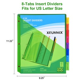 8-Tab Binder Dividers - Index Pockets Divider for 3 Ring Binders, 3-Hole Plastics Sheets Protectors for US Letter Size in 0.5'', 1'', 2'', 3 inch Binders, 8 Colors (XY004) (1 Pack)