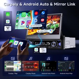 Single Din Car Stereo Screen Flip Out Wireless CarPlay Android Auto, Driauto Car Radio Bluetooth 1 Din 7 inch Touchscreen with AM FM Radio Car Audio Receiver Mirror Link,Type-C/USB/AUX Backup Camera