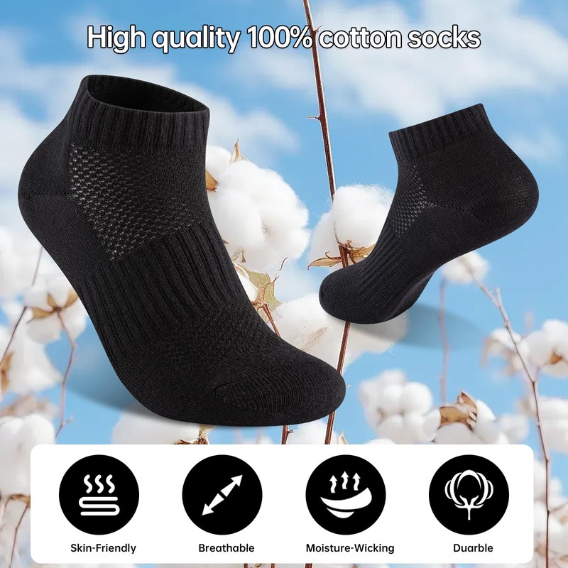 Womens 100% Cotton Ankel Socks, Athletic Performance Running Moisture Wicking