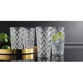 Glaver's Drinking Glasses Set of 4. Tall Highball Glasses. Textured Drinking Glasses. 14oz. Diamond Cut Glass Cups. Elegant Drinking Glassware. Kitchen Glasses. Water, Iced Tea, Juice, Cocktail.