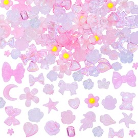 Resin Nail Charm Penta Angel 120Pcs 3D Mixed Mini Butterfly Rose Flower Heart Moon Bow Shaped Nail Art Beads Rhinestones Studs for Nail DIY Decoration Craft Making (Pink)