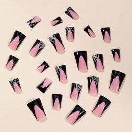 24Pcs Duck Nails Press On Black French Tip Fake Nails Medium False Nails With Spider Wed Glitter Design Pink Acrylic Artificial Glossy Glue On Nail Full Cover Stick On Nail For Women