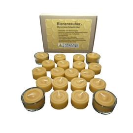 Beeswax Tea Lights Made of Pure Beeswax, 20 Tea Lights and 4 Tea Light Glasses for Refilling Directly from Beekeepers, Handmade