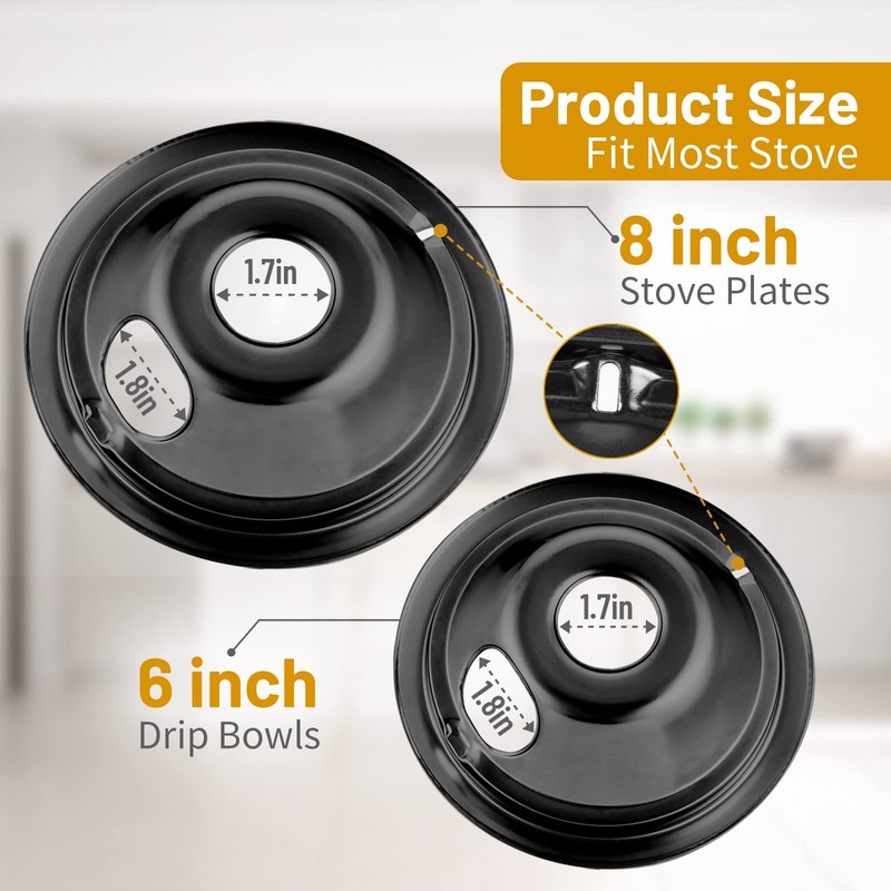 4 Pack Black Cooktop Drip Pans, Compatible with GE Hotpoint