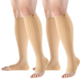 OUIVIAL Zipper Compression Socks Open Toe 15-20mmHg for Women&Men 2 Pairs Knee High Support Socks for Running Cycling