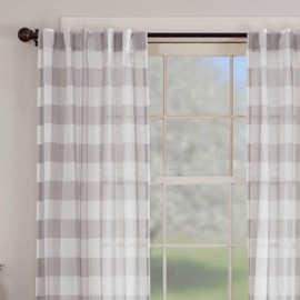 Madison Check Sheers, Gray Panel Curtains, Set of 2, 96" Long, Large Buffalo Checks in Gray and Ivory Sheer Window Treatment