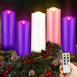 5 Pcs Christmas Advent Pillar Candles LED Flameless Advent Candle Set Christmas Advent Candles with Remote Christmas Advent Seasonal Celebration Candles Purple Pink White Taper Candles for Wreath