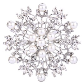 TENYE Women's Crystal Cream Simulated Pearl Winter Snowflake Flower Brooch Clear Silver-Tone