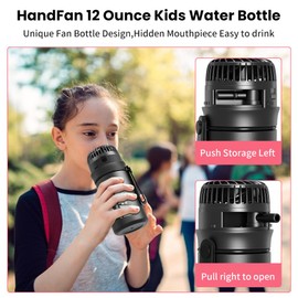 HandFan Bottle With Fan Sport Insulated Kids Water Bottle With Straw&Handle Leak Proof Vacuum Stainless Steel Water Jug - 12oz（Black）