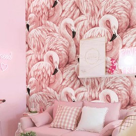 10X0.53M Romantic Baby Pink Flamingo Feathers Textured Non-Woven Wallpaper Roll for Bedroom Livingroom 1.73' W x 32.8' L=5.3㎡ (57sq.ft)