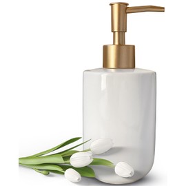 Liquid Soap Dispenser for Bathroom with Gold Pump，Dish Soap Dispenser for Kitchen，Refillable Countertop Lotion Ceramics White Hand Soap Dispenser for Shower 420ml (Cylindrical White Bottle)