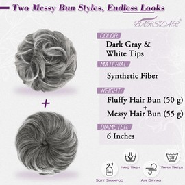 BARSDAR 2 PCS Messy Bun Hair Pieces - Elastic Grey Hair Bun Scrunchies Extensions for Women - Synthetic Thick Fluffy Messy Updo Salt Pepper Hairpieces, Dark Gray & White Tips