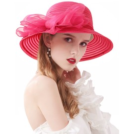 Z&X Women Organza Bucket Hat Bowknot Wide Brim Church Derby Bowler Sun Hats for Wedding Tea Party 06C Rose Red