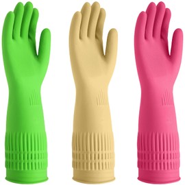 AinuScinsYoe Reusable Rubber Cleaning Gloves - Waterproof, Non-Slip 15" Long Cuff Kitchen Gloves for Dishwashing, 3 Pairs (Yellow, Red, Green), XL