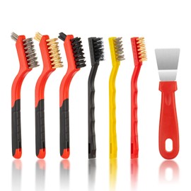 6 Pieces Wire Brush with 1 Pc Scraper Set - Brass , Stainless Steel and Nylon Brushes for Paint & Dirt Removal , Rust and Metal Cleaning - for Kitchen , Workshop and Small Deep Cleaning Tasks