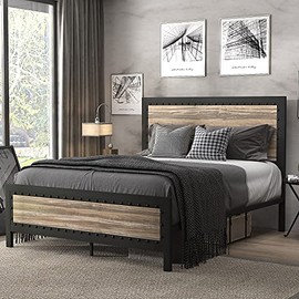 SHA CERLIN Heavy Duty Full Size Bed Frame / Metal Platform Bed with Rivet Wooden Headboard Footboard / 13 Strong Steel Slats Support / No Box Spring Needed / Mattress Foundation / Easy Assembly