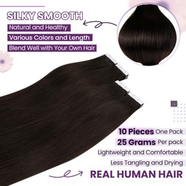 LaaVoo 60 cm tape-in real hair extensions, brown long extensions, real hair tape in brown, invisible tape extensions, real hair, dark brown, 25 g, 10 pieces, #2