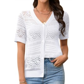 grewley Women's Summer Short Sleeve Cardigans Lightweight Crochet Sweaters V Neck Button up Cardigan for Dress White L